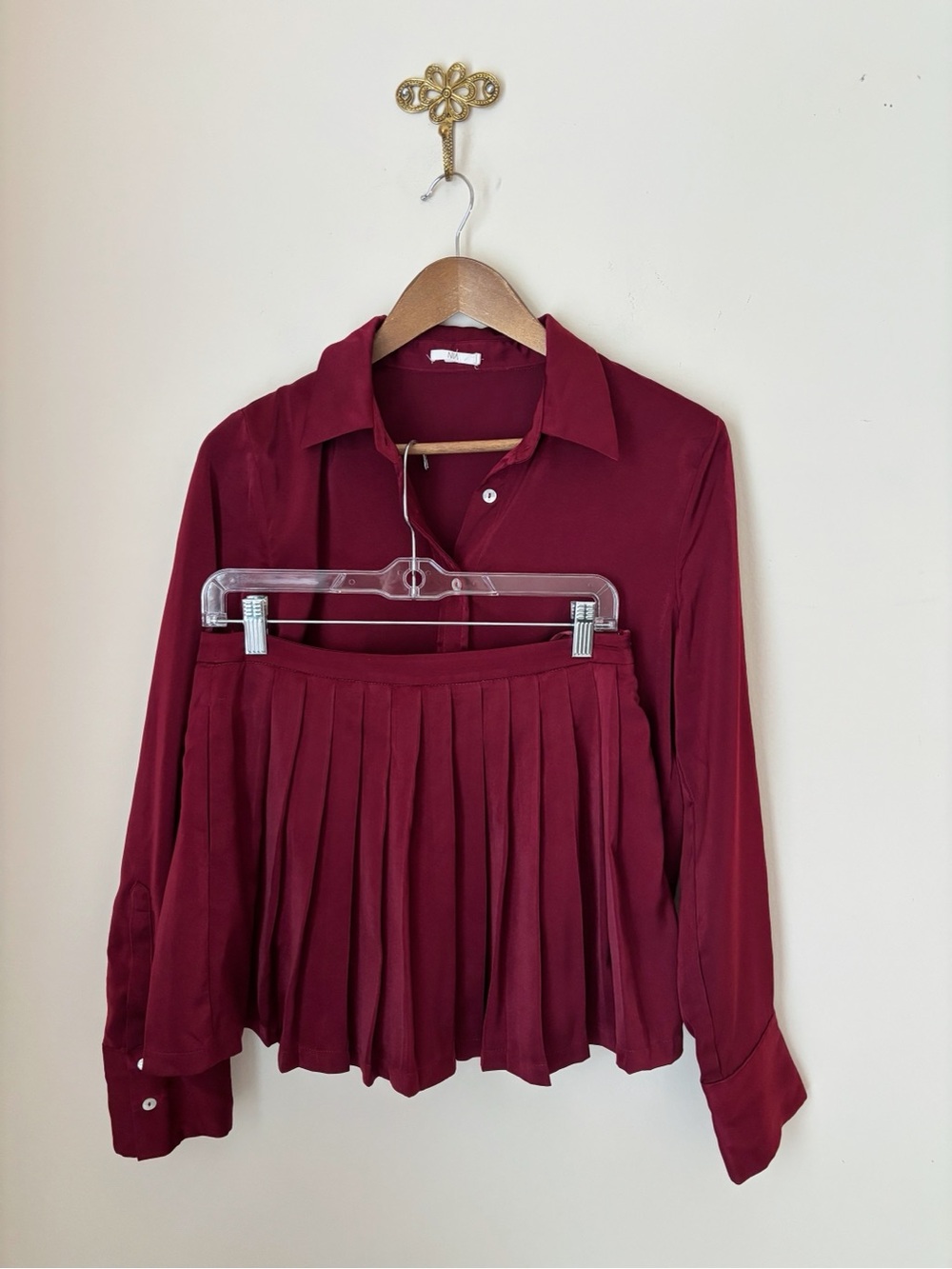 NIA Merlot Button Up Shirt & Pleated Mini Skirt Set Medium Revolve